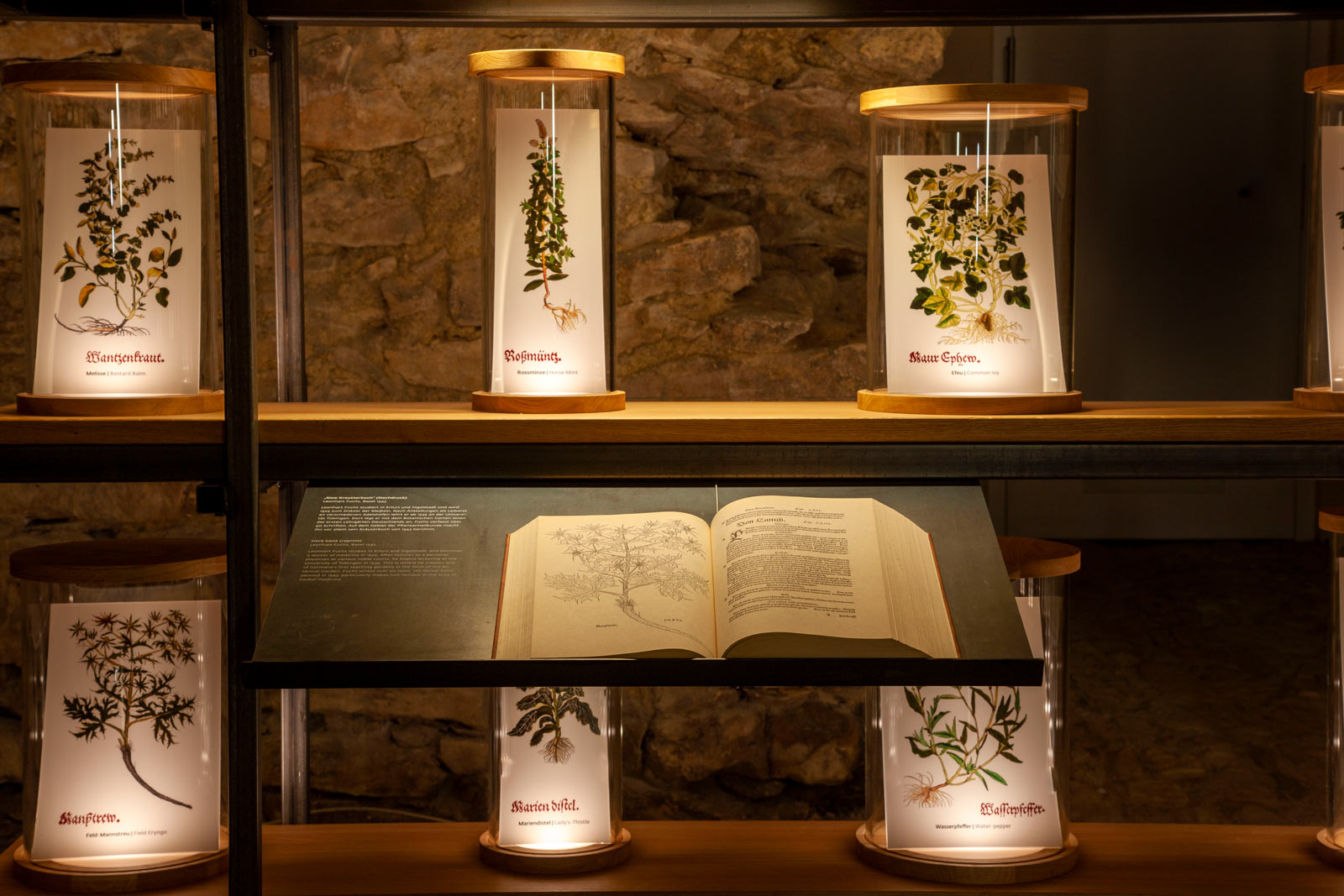 Das Referenzbild für Ausstellungsgestaltung aus der Dauerausstellung „Eingetreten – 1700 Jahre Klosterkultur“ zeigt eine Rauminszenierung mit speziellem Lichtkonzept.