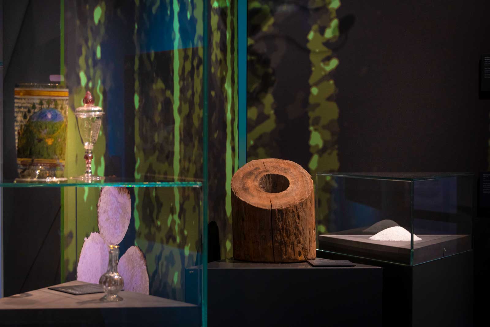 Das Referenzbild für Ausstellungsgestaltung aus der Sonderausstellung Wald, Gebirg und Königstraum – Mythos Bayern zeigt eine Exponatpräsentation mit Dreieicksvitrinen.
